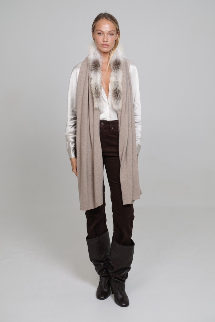 Estola Candela de lana Cashmire y lana Merino y piel de zorro Shadow - Talla única, Cappuccino