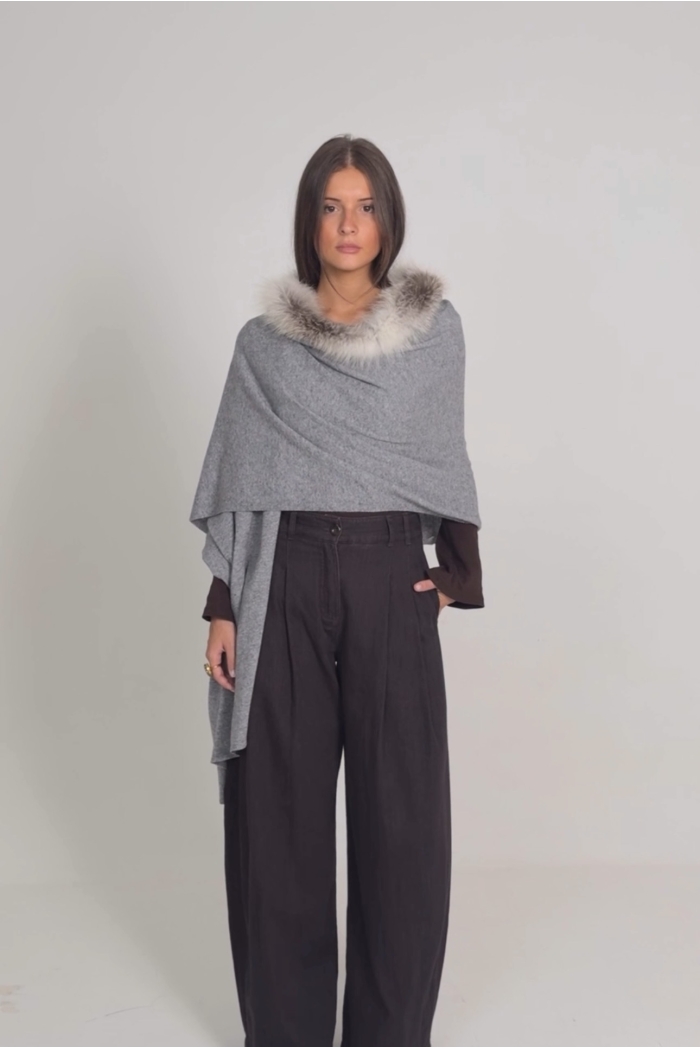 Estola Elba de lana Cashmire y lana Merino y piel de zorro Shadow - Talla única, Gris